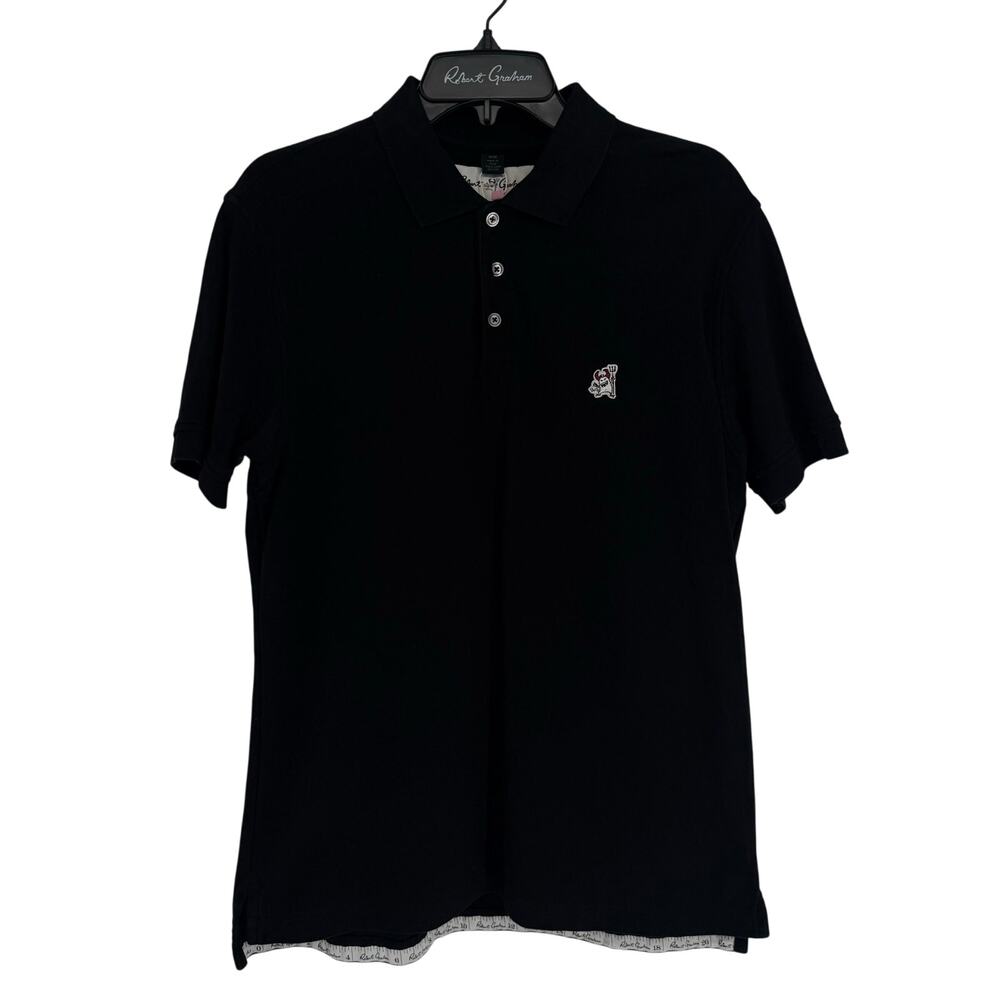 Robert Graham Short Sleeve Knit Polo Shirt Solid Black Ghost Embroidered M